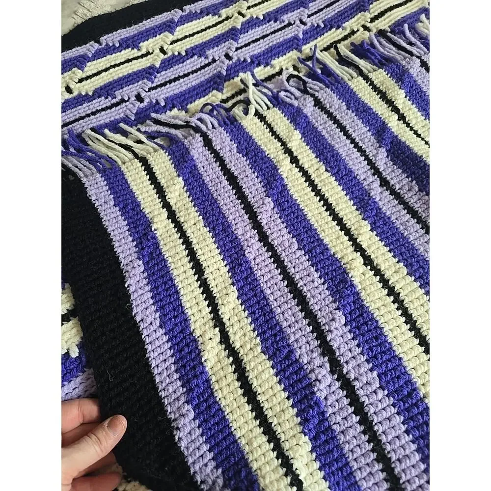 Purple White‎ Striped Grannycore Cottagecore Crochet Fringe Throw Afghan 56